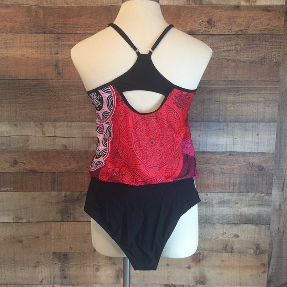 2 Piece Blouson Tankini Size L by Beachsissi Red/Black Print Top Black Bottom - Picture 4 of 8